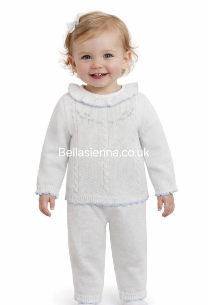 Sarah Louise Ivory & Blue Hand Embroidered Knitted Two Piece Set - 013741