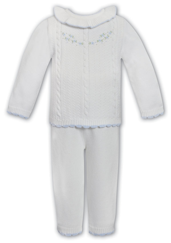 Sarah Louise Ivory & Blue Hand Embroidered Knitted Two Piece Set - 013741
