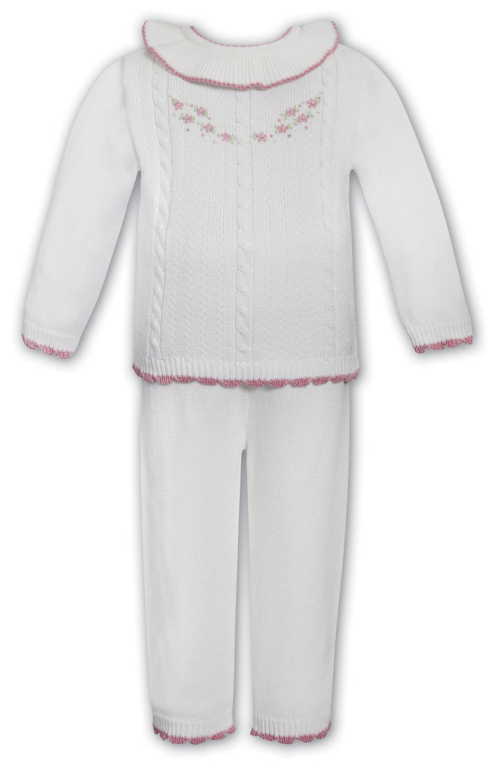 Sarah Louise Ivory & Rose Pink Hand Embroidered Knitted Two Piece Set - 013741