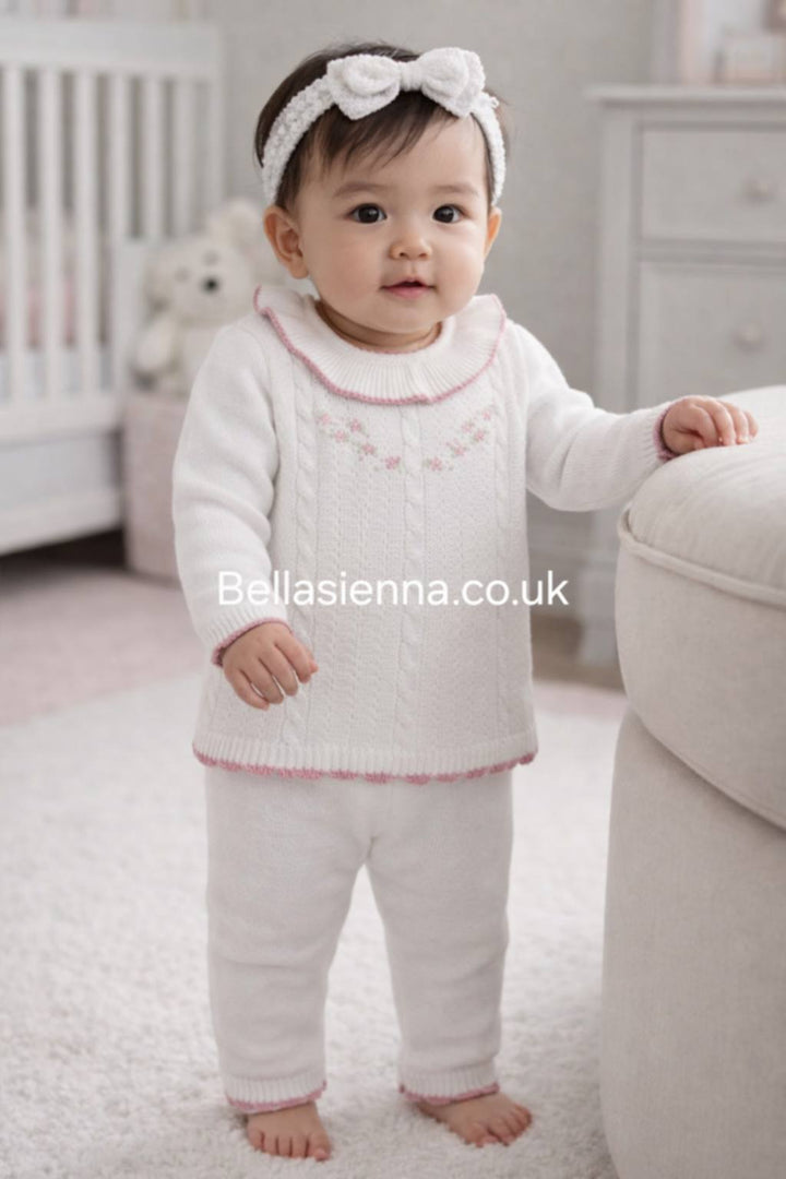 Sarah Louise Ivory & Rose Pink Hand Embroidered Knitted Two Piece Set - 013741