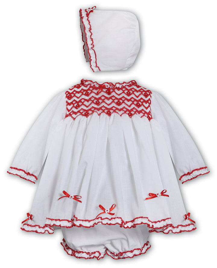 Sarah Louise White & Red Hand Smocked Dress, Pants & Bonnet Set - 013782