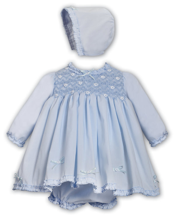 Sarah Louise Blue Hand Smocked Dress, Pants & Bonnet Set - 013782