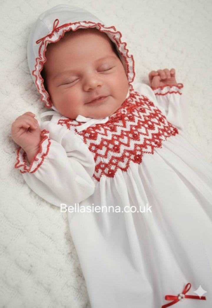 Sarah Louise White & Red Hand Smocked Dress, Pants & Bonnet Set - 013782