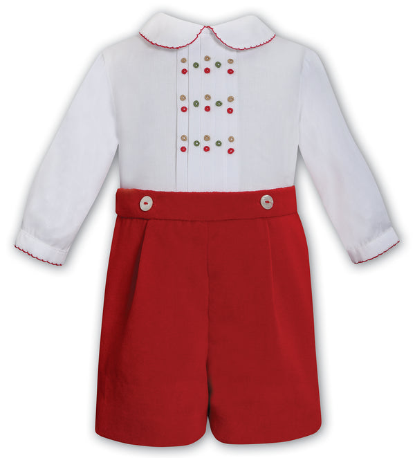 Sarah Louise Boys White Shirt & Red Velour Shorts Outfit - 013788