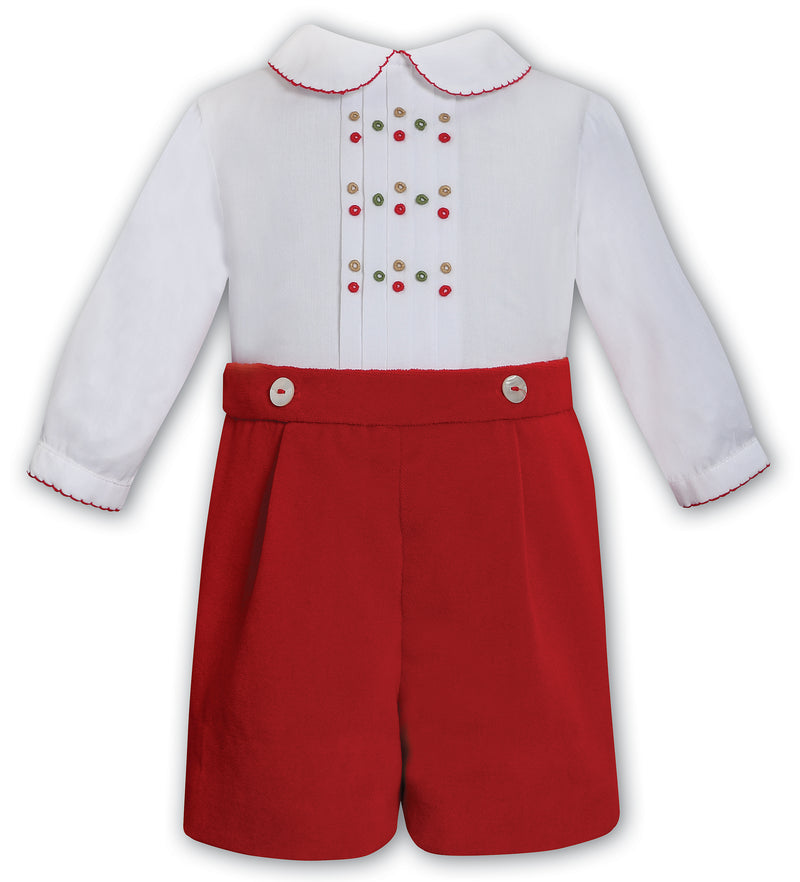 Sarah Louise Boys White Shirt & Red Velour Shorts Outfit - 013788