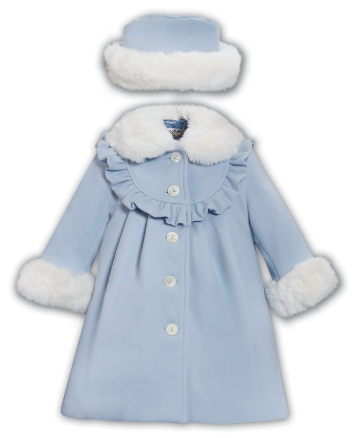 Sarah Louise Girls Blue & White Traditional Style Coat & Matching Hat - 013800