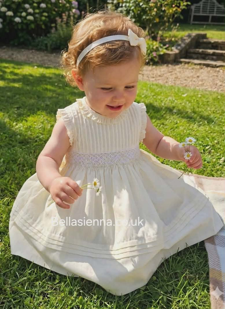 Sarah Louise Lemon & White Hand Smocked Dress - 013819
