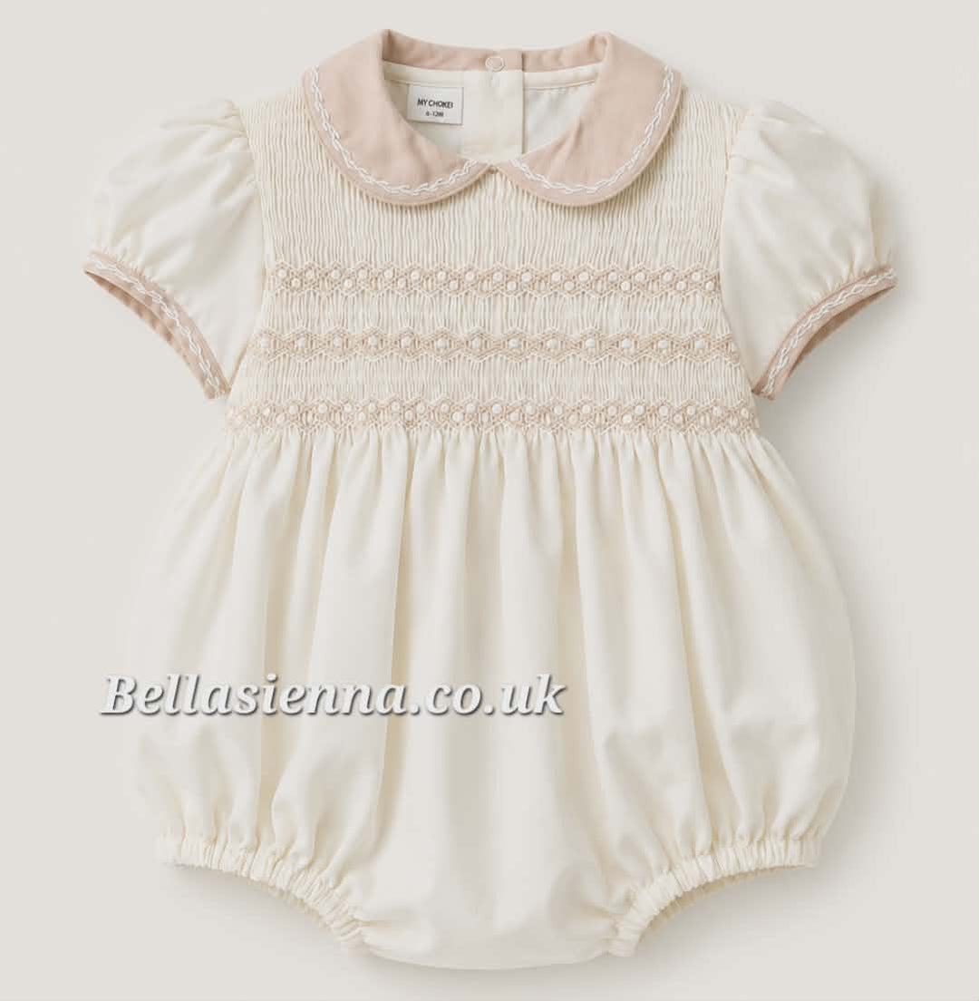 Sarah Louise Ivory & Beige Smocked Bubble Romper - 013845