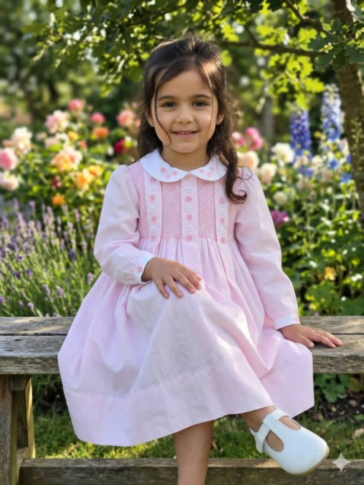Sarah Louise Pink & White Hand Smocked & Embroidered Dress - 013923