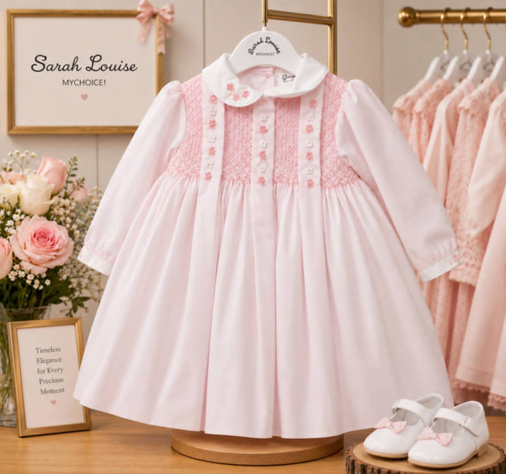 Sarah Louise Pink & White Hand Smocked & Embroidered Dress - 013923