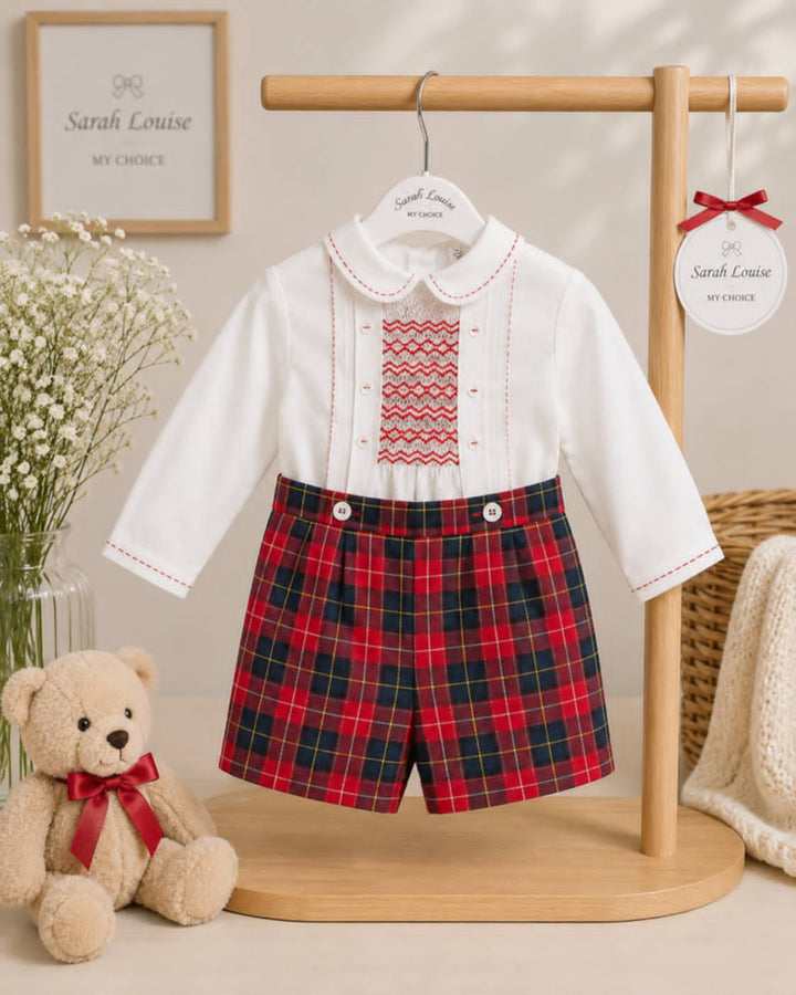 Sarah Louise Boys Red & Bottle Green Tartan Two Piece Hand Smocked Suit - 013967