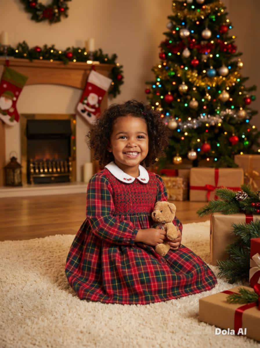 Sarah Louise Girls Red & Bottle Green Tartan Hand Smocked Dress - 013968