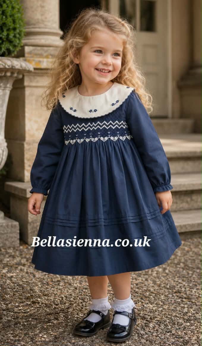 Sarah Louise Girls Navy Hand Smocked & Embroidered Dress - 013980
