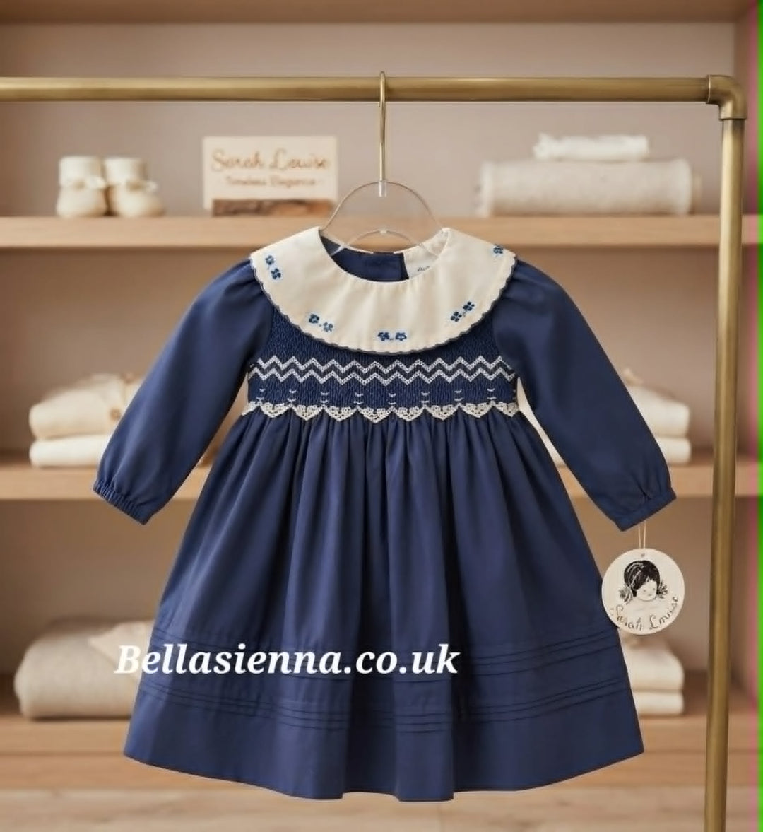 Sarah Louise Girls Navy Hand Smocked & Embroidered Dress - 013980