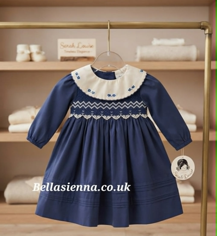 Sarah Louise Girls Navy Hand Smocked & Embroidered Dress - 013980