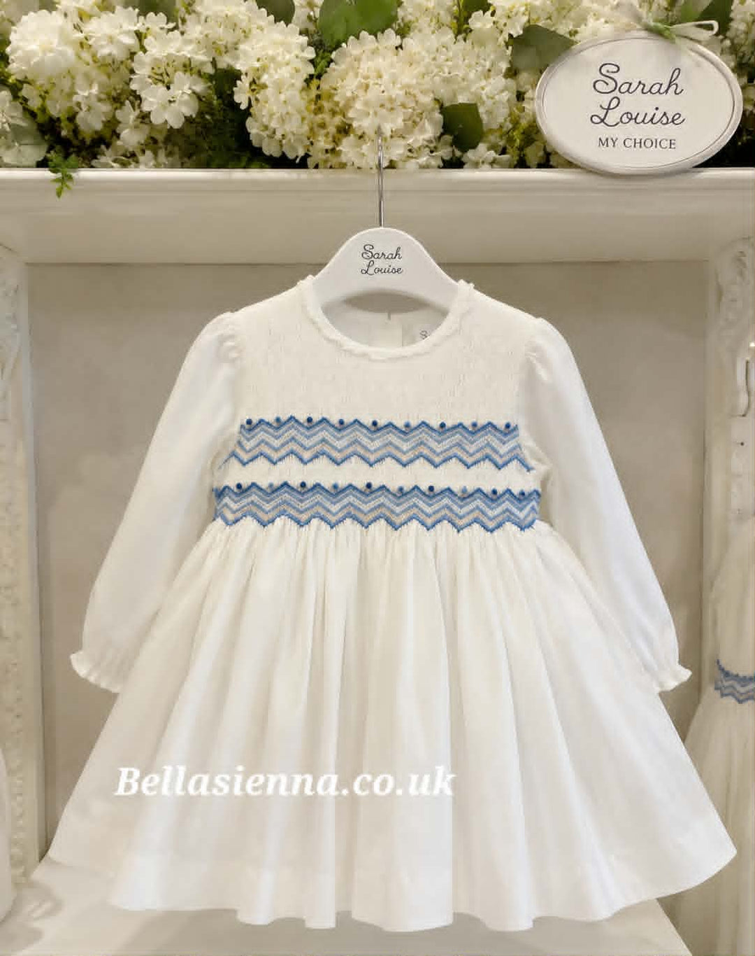 Sarah Louise Girls Ivory, Blue & Beige Hand Smocked Dress - 013982