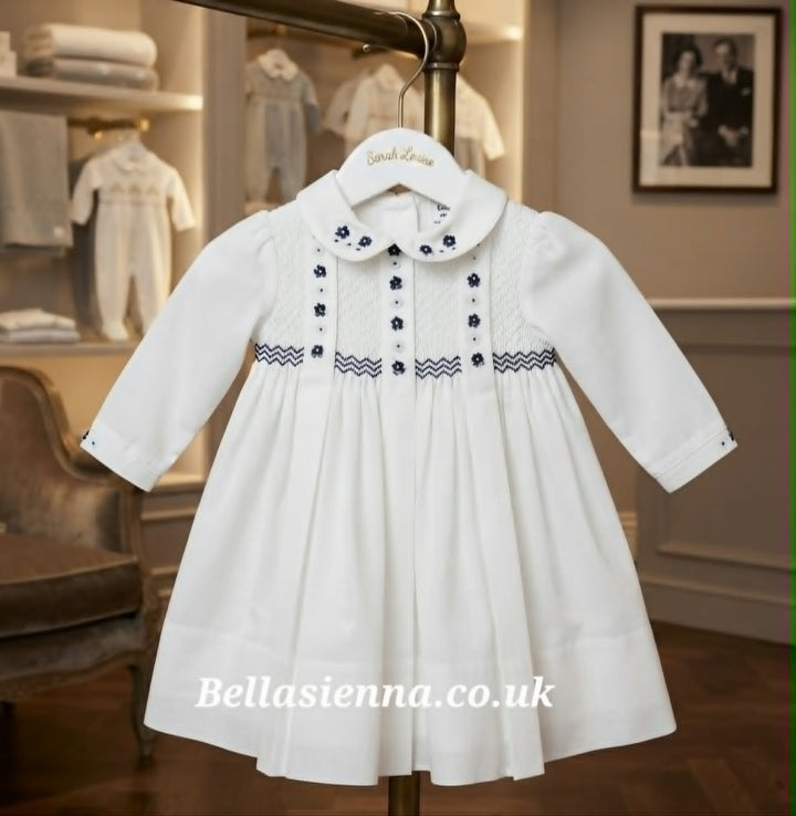 Sarah Louise Ivory & Navy Hand Smocked & Embroidered Dress - 013923