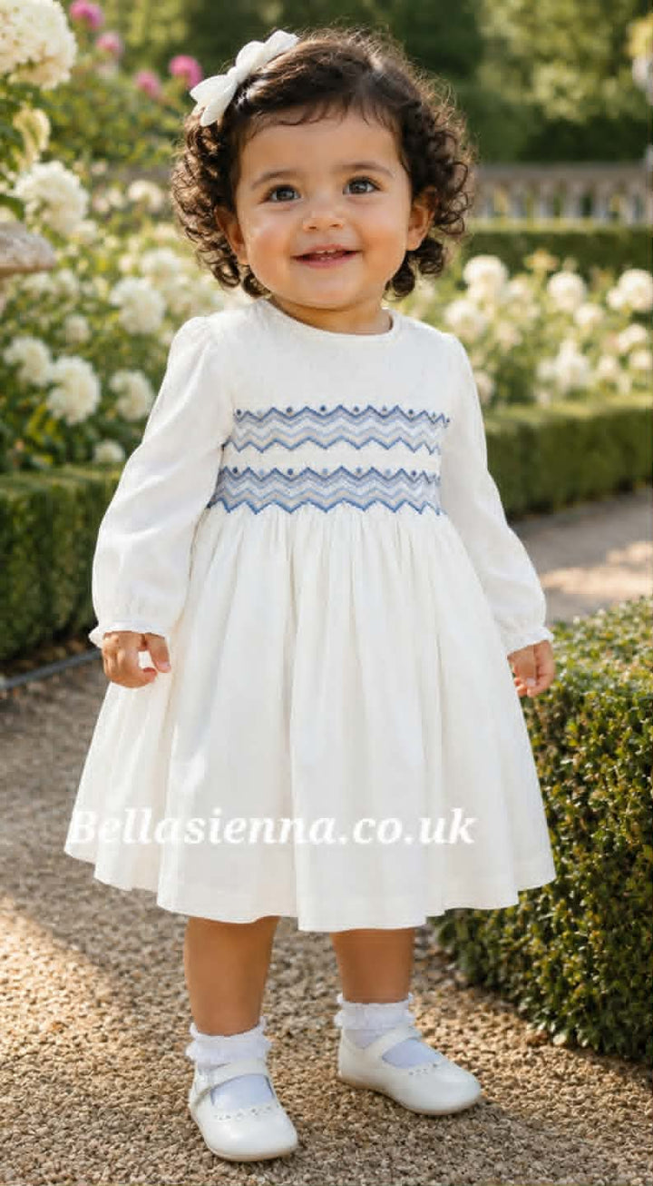 Sarah Louise Girls Ivory, Blue & Beige Hand Smocked Dress - 013982