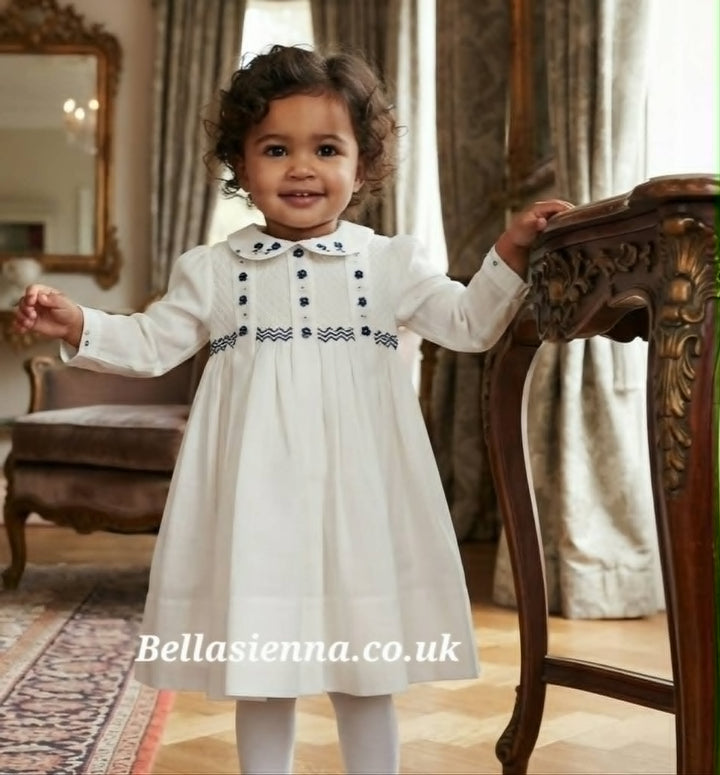 Sarah Louise Ivory & Navy Hand Smocked & Embroidered Dress - 013923