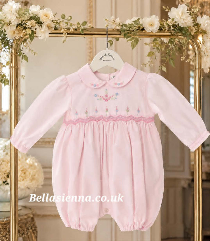 Sarah Louise Girls Pink Hand Smocked & Embroidered Romper - 013985