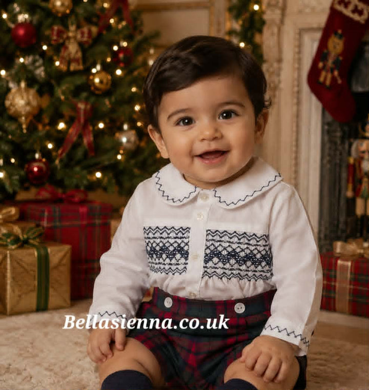 Sarah Louise Boys Deep Red, Bottle Green & Navy Two Piece Hand Smocked Suit - 013992