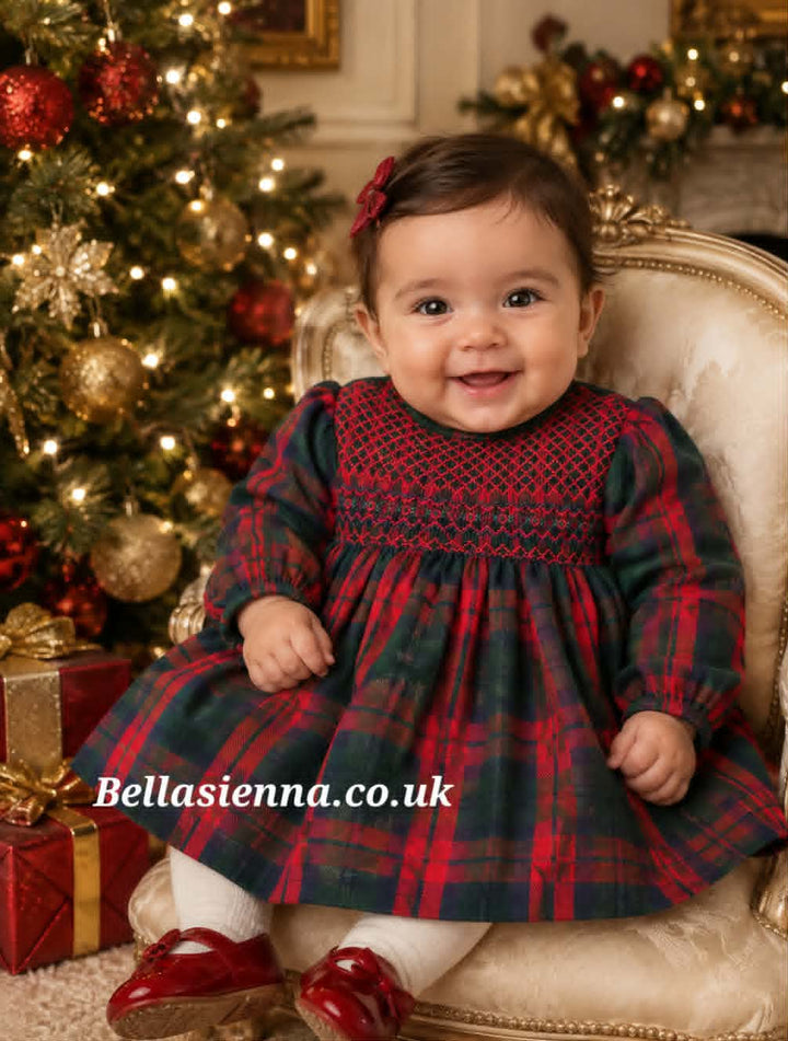 Sarah Louise Girls Deep Red, Bottle Green & Navy Hand Smocked Winter Dress - 013995
