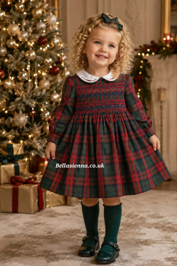 Sarah Louise Girls Deep Red, Bottle Green & Navy Hand Smocked Winter Dress - 013998
