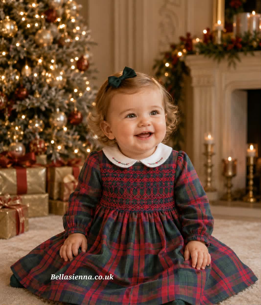 Sarah Louise Girls Deep Red, Bottle Green & Navy Hand Smocked Winter Dress - 013998