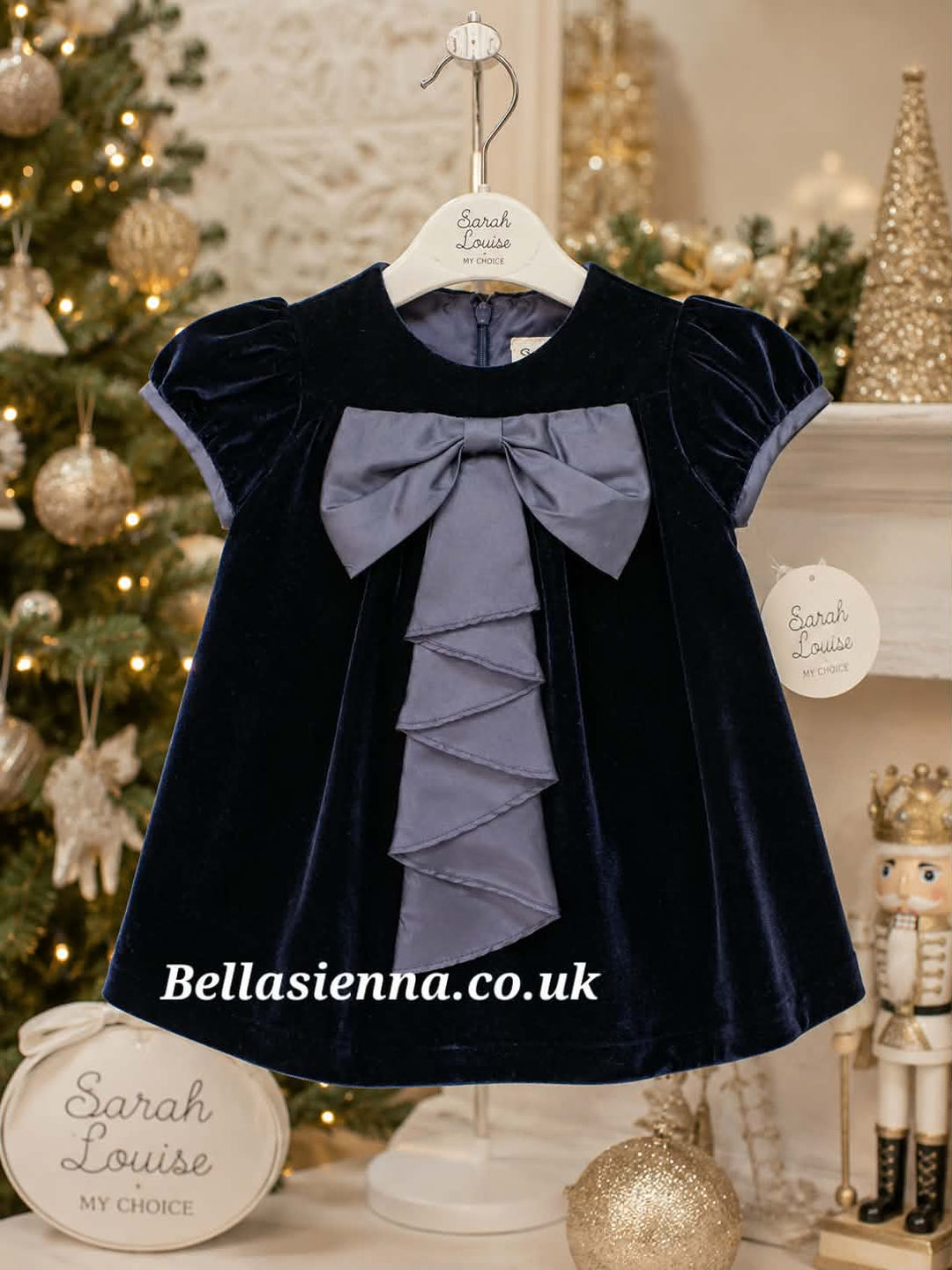 Sarah Louise Girls Navy Velour Dress With Bow - 014002