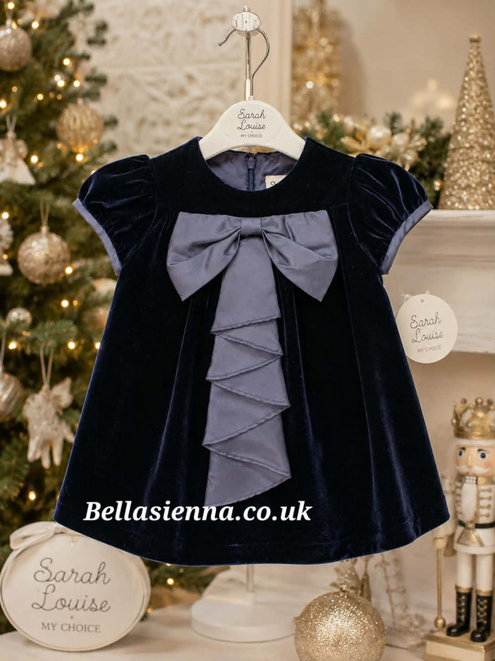 Sarah Louise Girls Navy Velour Dress With Bow - 014002
