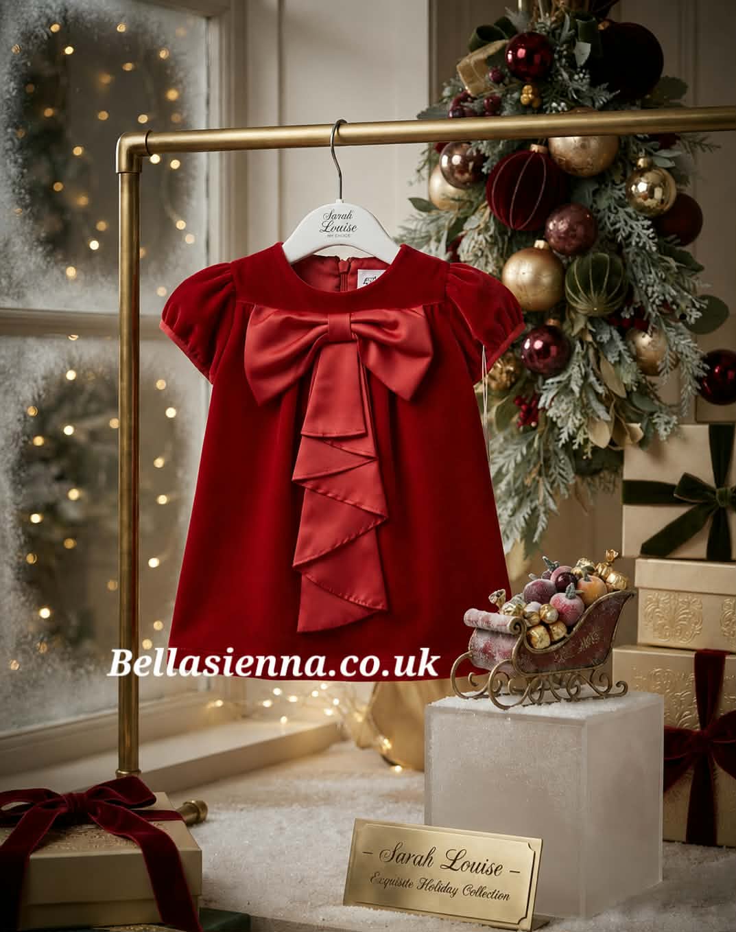 Sarah Louise Girls Red Velour Dress With Bow - 014002