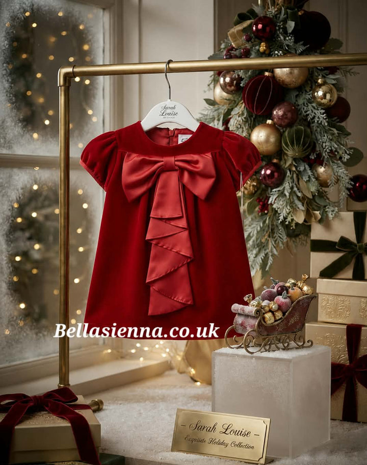 Sarah Louise Girls Red Velour Dress With Bow - 014002