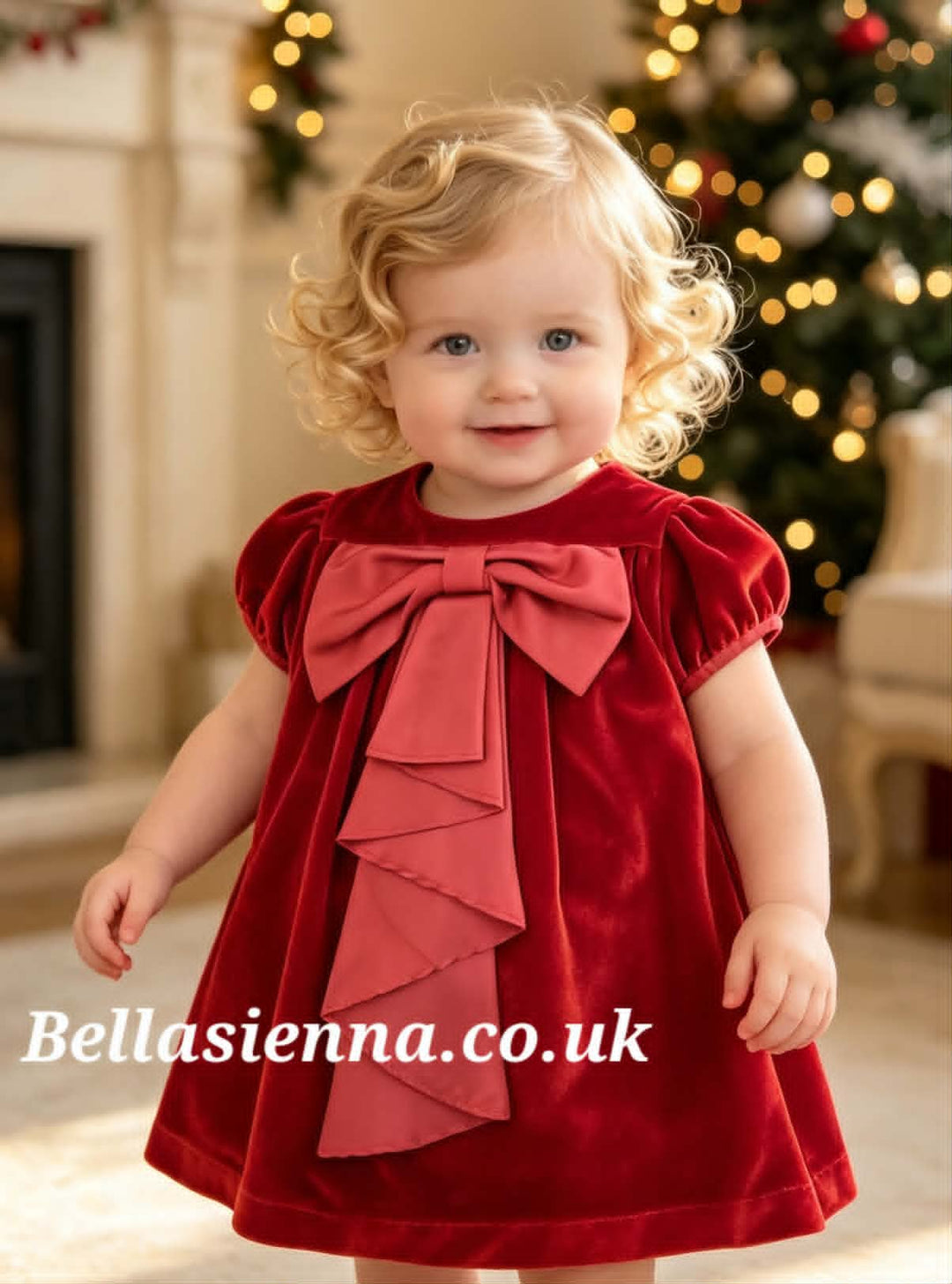 Sarah Louise Girls Red Velour Dress With Bow - 014002