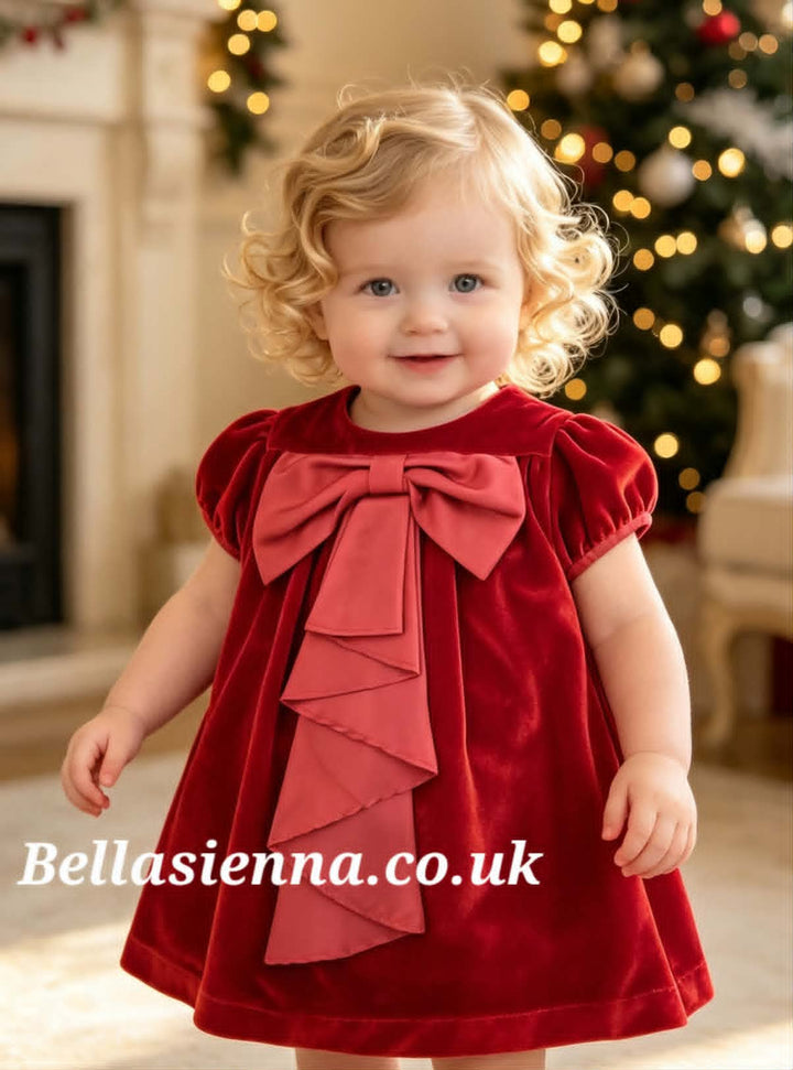 Sarah Louise Girls Red Velour Dress With Bow - 014002