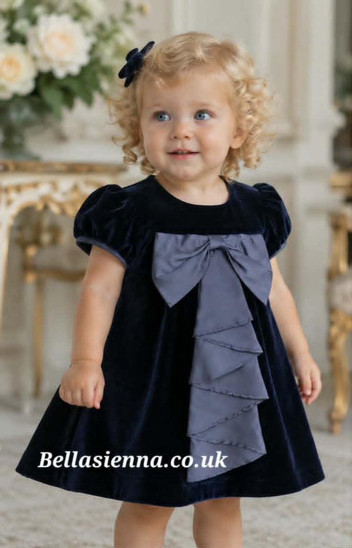 Sarah Louise Girls Navy Velour Dress With Bow - 014002