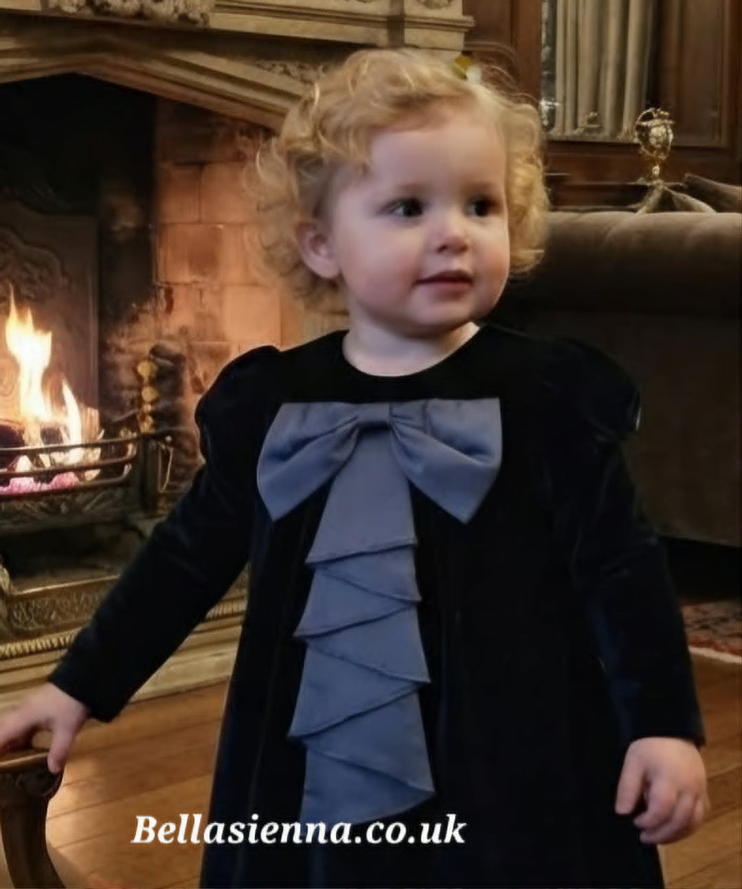 Sarah Louise Girls Navy Velour Dress With Bow - 014002