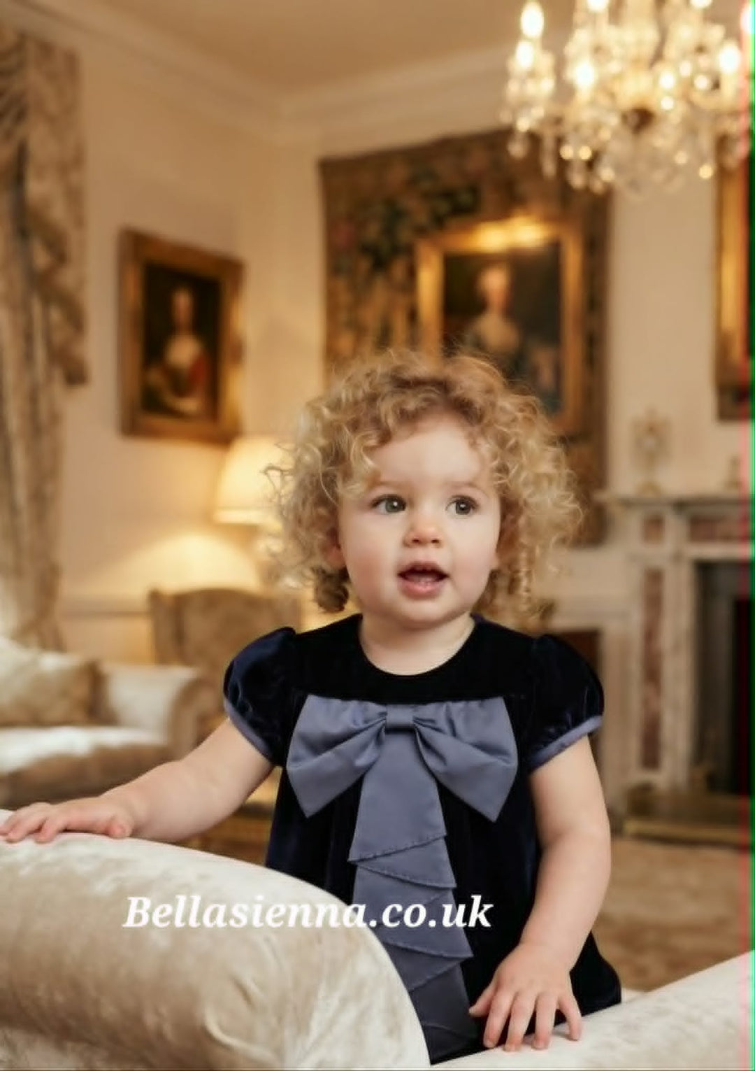 Sarah Louise Girls Navy Velour Dress With Bow - 014002