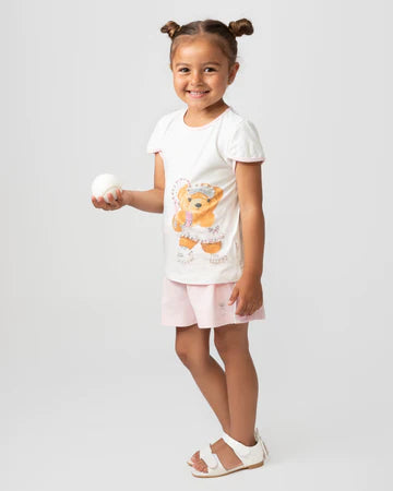 Caramelo Kids Pink & White Teddy Bear Tennis Short Set - 0190122