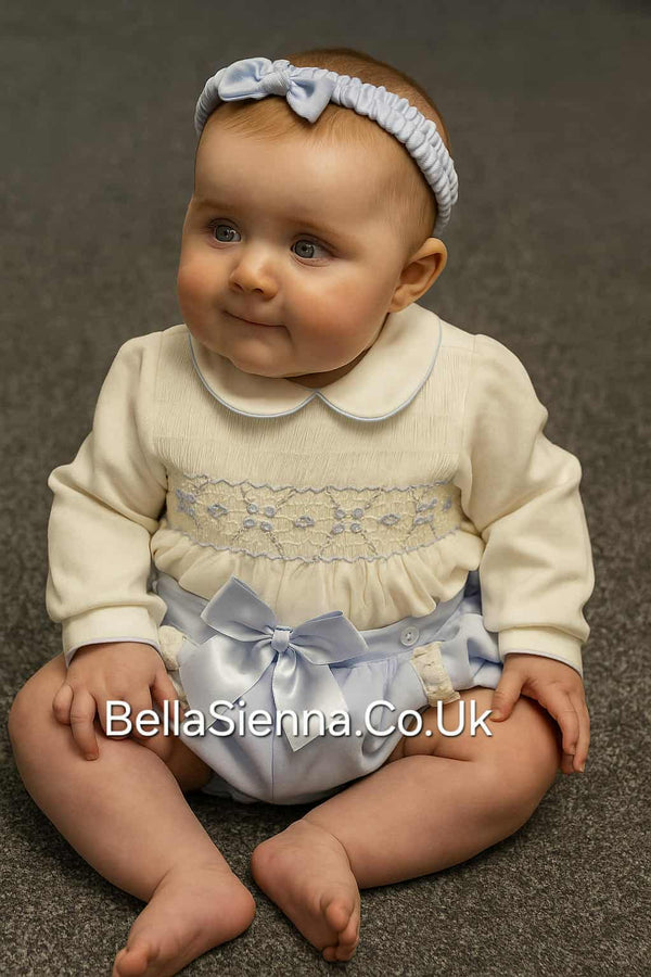 Pretty Originals Smocked Blue & Cream Romper With Headband MT00937 Blue