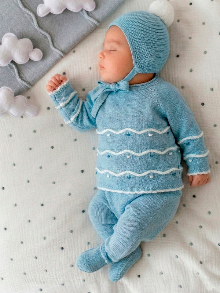 0202 - Baby Boys Dusky Blue Knitted Three Piece Set - 52 - Olympo