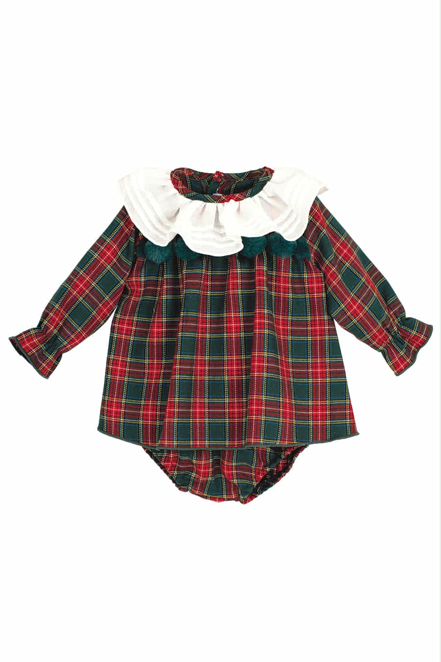 Calamaro Baby Girls Red & Green Tartan Pom Pom Dress & Pants Set - 22104