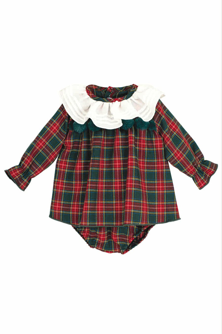 Calamaro Baby Girls Red & Green Tartan Pom Pom Dress & Pants Set - 22104