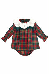 Calamaro Baby Girls Red & Green Tartan Pom Pom Dress & Pants Set - 22104