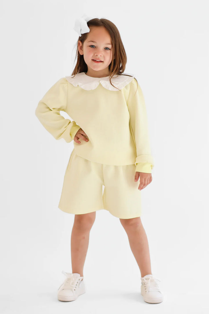 Harris Kids "Emily" Girls Frilly Collar Jumper & Shorts Set - Lemon