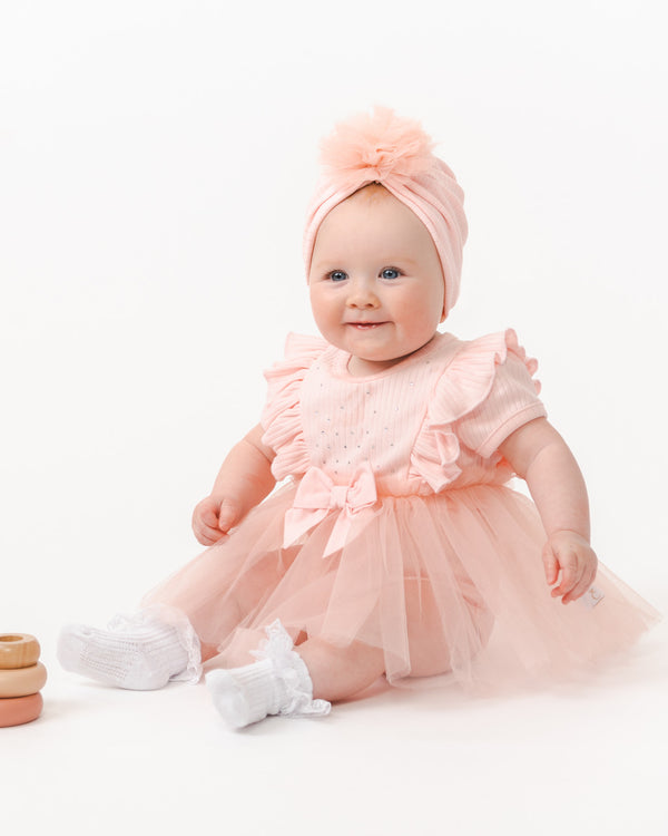 Caramelo Kids Ribbed Tulle Baby Dress With Turban - 031283