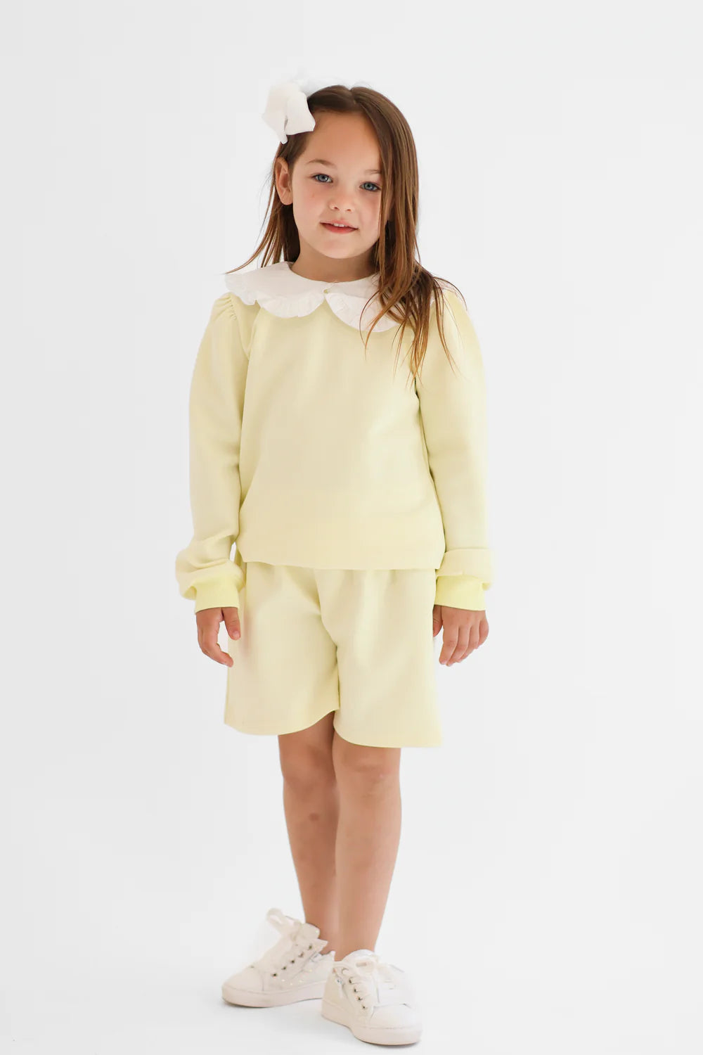 Harris Kids "Emily" Girls Frilly Collar Jumper & Shorts Set - Lemon