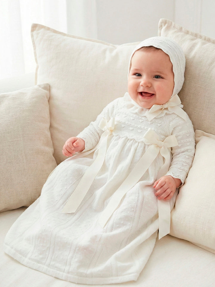 0350 - Baby Girls Ivory Ceremony Day Gown With Matching Bonnet - Crudo