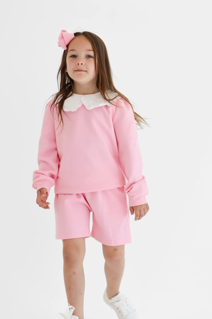 Harris Kids "Emily" Girls Frilly Collar Jumper & Shorts Set - Pink