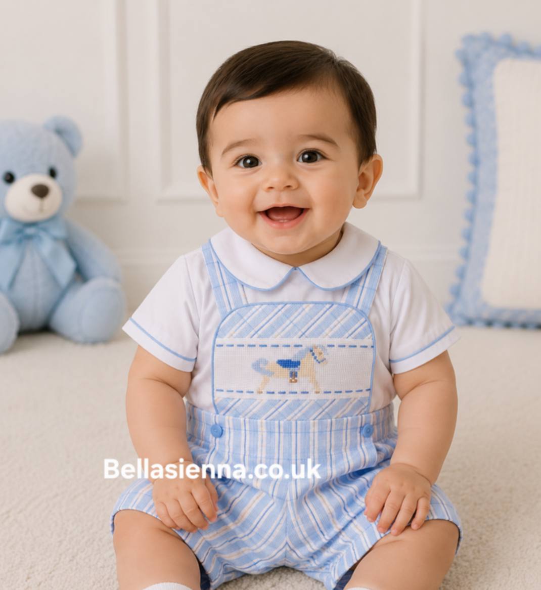 Pretty Originals Boys Blue, White & Camel Check Rocking Horse Outfit - DL62174