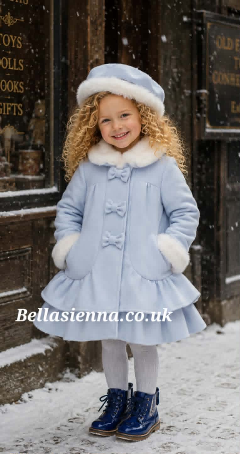 Sarah Louise Girls Baby Blue Traditional Style Coat With White Fur Trim